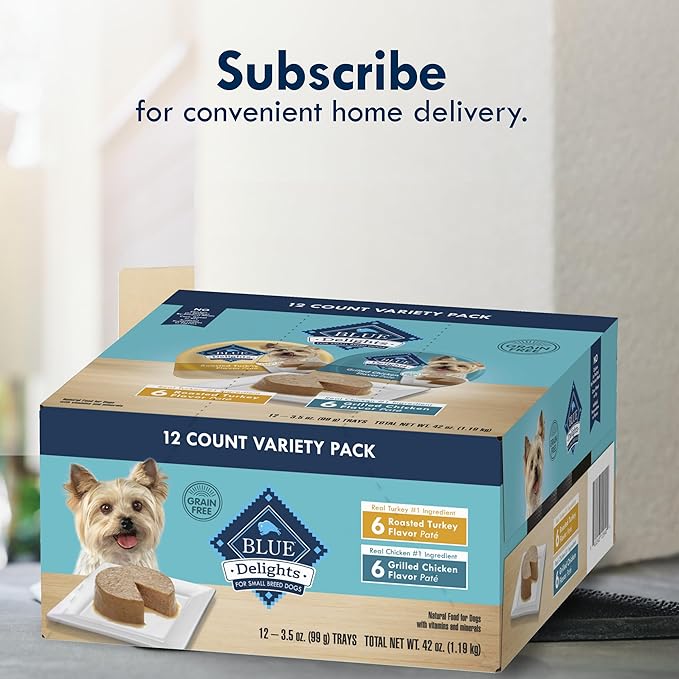 Blue Buffalo Delights Small Breed Natural Wet Dog Food Variety Pack, Roasted Turkey Paté and Grilled Chicken Paté, 3.5-oz Cups, 12 Count