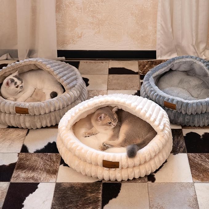 CHEERPALS Cat Bed Cave for Indoor Cats, Washable Round Cat Bed Soft Fluffy Pet Bed for Kitty, Puppy and Small Dog(White)
