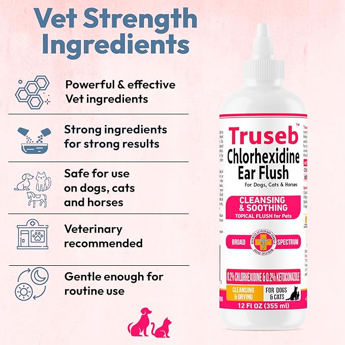 Truseb Advanced Topical Dog Ear Wash with Ketoconazole & Chlorhexidine Ear Flush Dog, Cats and Horses, with Aloe - 12 oz Made in U.S.A (Ketoconazole & Chlorhexidine Ear Flush, 12 oz)