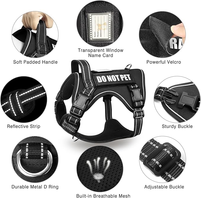 Tactical Dog Harness and Leash Set for Large Dogs,Heavy Duty No Pull Service Dog Vest and 10 Patches with Dog Seat Belt,Reflective Adjustable Pet Harness for Training Walking Hiking Black L