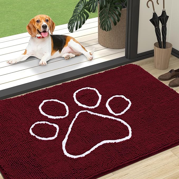 OLANLY Dog Door Mat for Muddy Paws 47x32, Paw Print Design, Absorbs Moisture and Dirt, Absorbent Non-Slip Washable Doormat, Quick Dry Chenille Mud Mat for Dogs, Entry Indoor Entryway Carpet, Burgundy