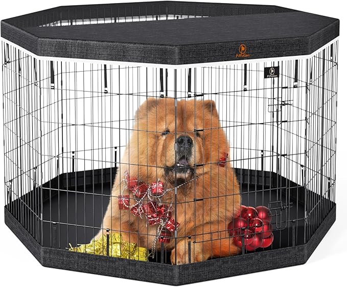 PJYuCien Dog Playpen, 8 Panels 42’’H Dog Pens Indoor with Bottom Pad and Top Cover, Metal Foldable Pet Puppy Exercise Fence Crate Kennel, Better for Medium and Big Animals,Black