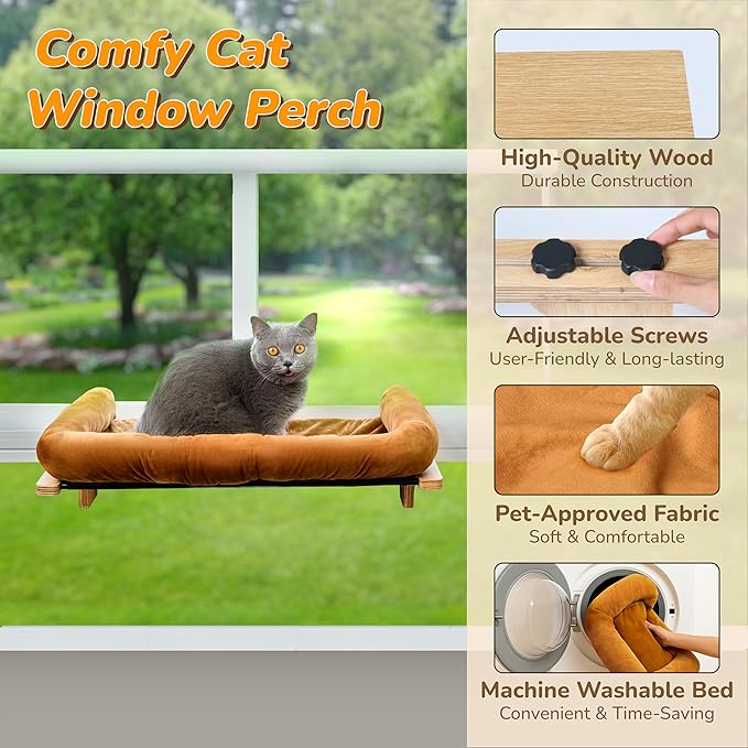 45LBS Capacity Cat Window Perch with Bolster, Hammock Seat with Premium Plywood & Metal Frame, Cat Window Bed for Indoor Cats & Kittens, Extra Cood Pad (Natural Wood & Brown Cushion, 24.8''W x 9.4''H)