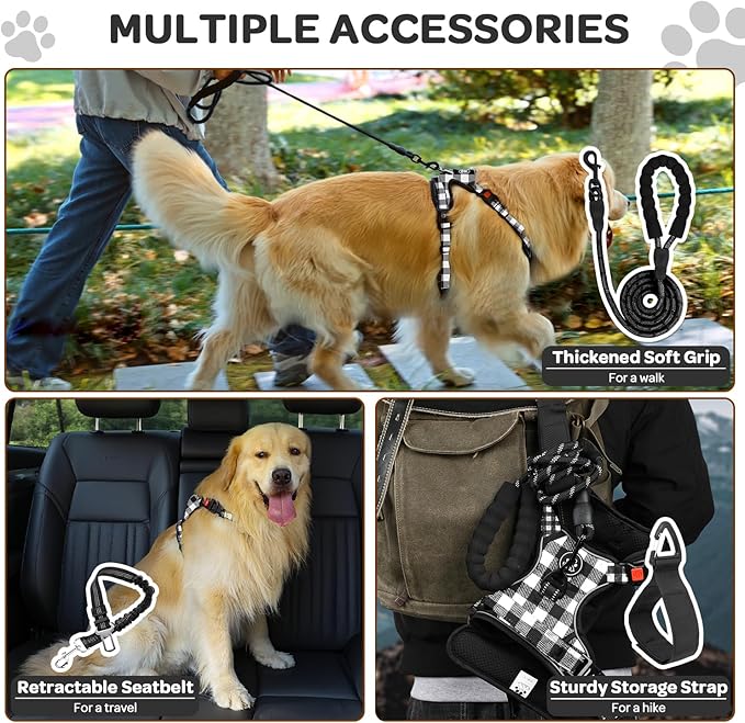 FURRYFECTION Plaid Dog Harness for Large Dogs | No Pull Reflective Pet Harness | No Choke Adjustable Dog Vest Harnesses | with Leash | Easy Control Handle | Front Lead | Seat Belt | Black&White | XL