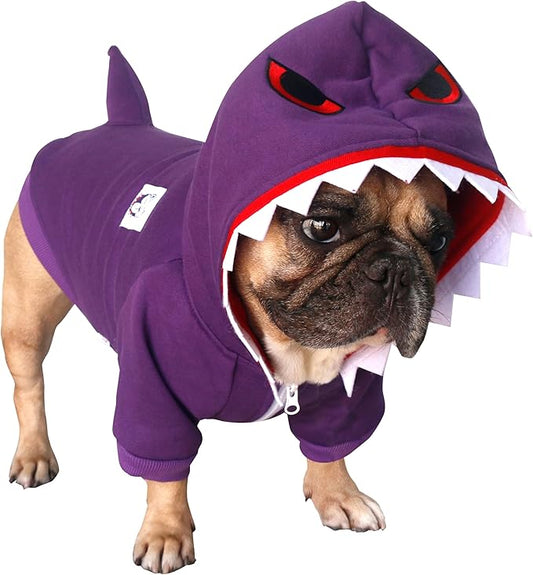 iChoue French Bulldog Shark Halloween Costumes Clothes Hoodies for Medium Dogs Cold Weather Winter Coats Frenchie English Pug Boston Terrier - Purple, Large Plus