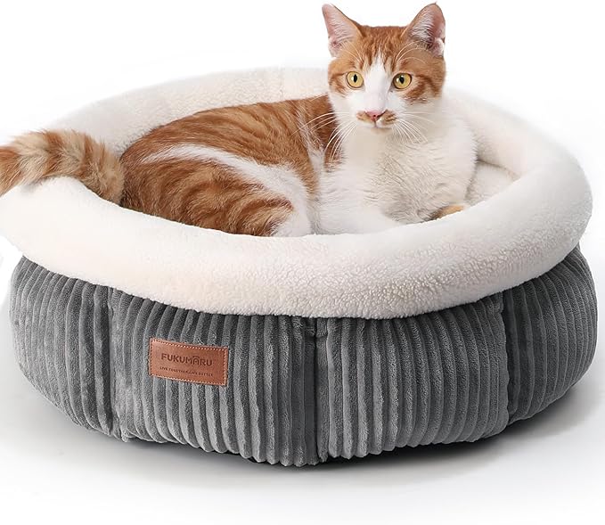 FUKUMARU Cat Bed, Corduroy Round Cat Beds for Indoor Cats, Washable Fluffy Pet Bed for Cats and Puppy, Soft Cute Small Dog Beds, Grey