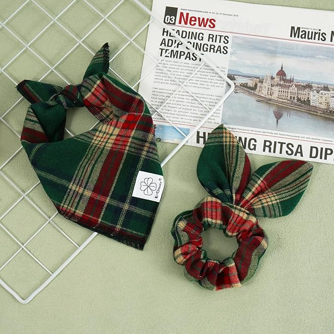E-Clover Christmas Dog Bandana & Matching Scrunchie Green Red Plaid Pet Dog Scarf Cute Dogs Costumes Accessories for Small Medium Large Dogs