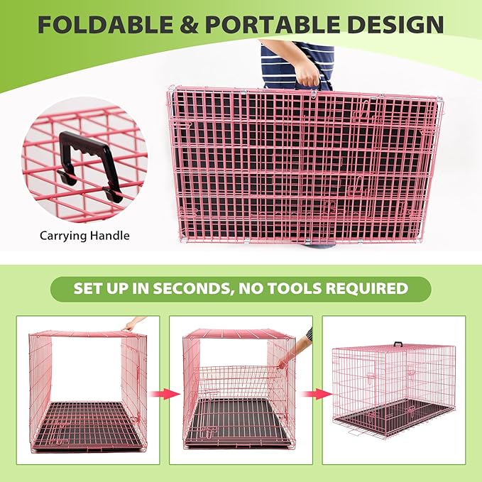 BestPet | Dog Crate | 42" | Pink | Foldable Metal Kennel with Double Doors, Secure Slide-Bolt Latches, Leakproof Tray | Portable Dog Cage for Large Breeds | for Travel, Indoor & Outdoor Use