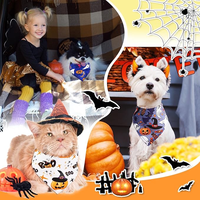 Amylove 120 Pcs Halloween Dog Bandanas Bulk Thanksgiving Day Holiday Triangle Dog Pack Puppy Kerchief Bandana Adjustable Pet Scarf for Pet Cat Costume Accessories Decor(Skeleton)