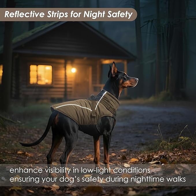 ASENKU Reflective Dog Coat with Built-in Harness, Windproof Fleece-Lined Dog Jacket for Small, Medium, Large Dogs, Warm Winter Vest with Turtleneck & Zipper (Khaki M)