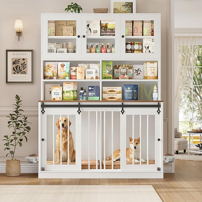 HOSTACK 71" Tall Dog Crate Furniture, 55" W Dog Kennel with Storage Hutch, XL Dog Crate for 2 Dogs with Feeding Bowls, Indoor Heavy Duty Dog Cage with Removable Room Divider, Wooden Pet House, White