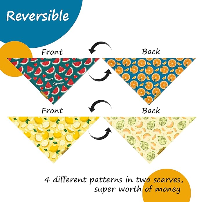 Cute Fruit Dog Bandanas 2 Pack, 4 Patterns Watermelon Lemon Orange Melon, Summer Dog Bibs for Large and XL Breed, Reversible Boy and Girl Pet Scarf（Small）