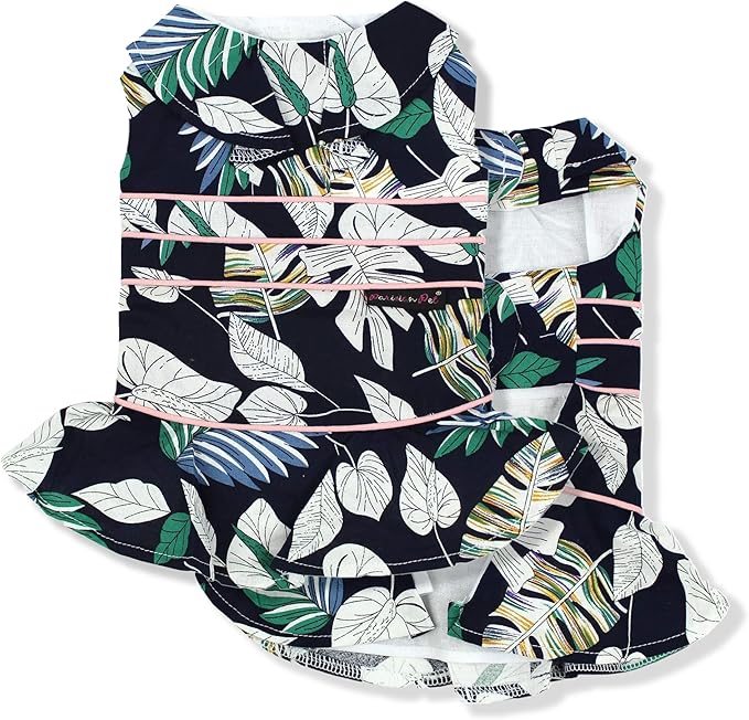 Parisian Pet Palm Leaves Summer Dress - Magic Strap Closure Dog Beach Outfit - Lightweight and Breathable for Medium Dogs Girl