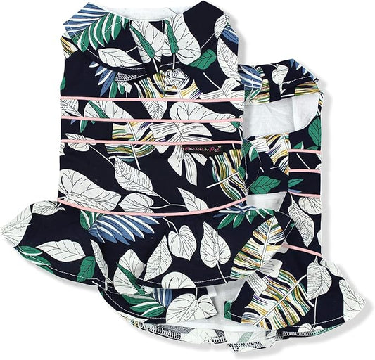 Parisian Pet 'Palm Leaves' Dog Dress - Magic Strap Closure Summer Outfit - Lightweight & Breathable for Large Girls