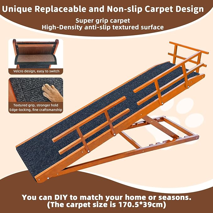 Dog Ramp for High Bed - 65" Length, Supports up to 32" Height,Includes Non-Slip Replaceable Carpet, Safety Rails &Landing Platform,Adjustable Pet Ramp for Large Dogs to Get on Bed - Koa