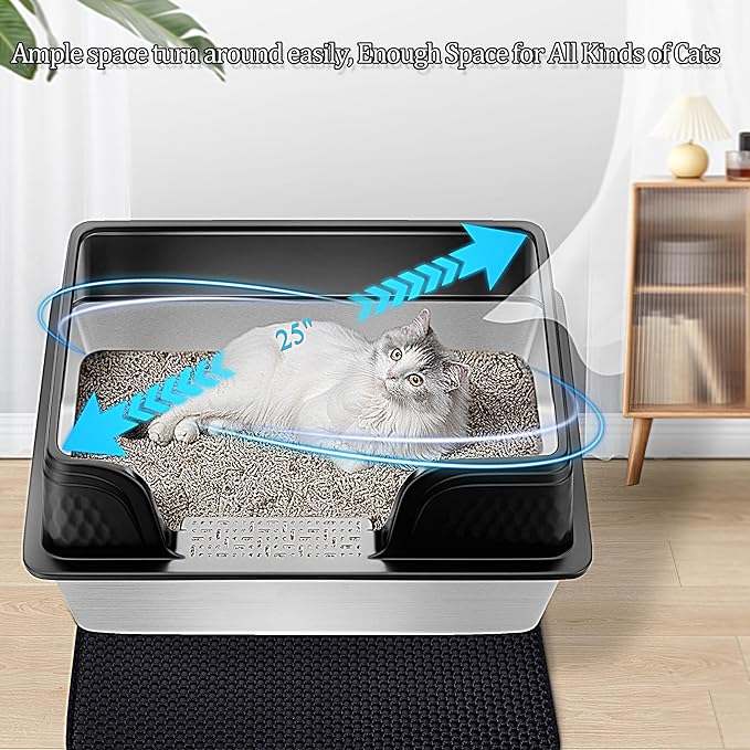 Vealind XXL Stainless Steel Cat Litter Box High Sided with Lid 23.7" L x 16" W x 14" H Side Entry Extra Large Metal Cat Litter Pan with Scoop and Mat for Big Cats Black