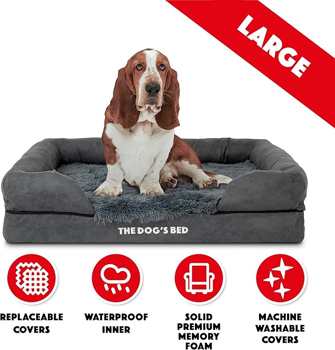 The Dog’s Bed, Large Grey Fur, Memory Foam, Pain Relief: Arthritis, Hip & Elbow Dysplasia, Post Surgery, Lameness, Supportive, Calming, Waterproof Washable Cover