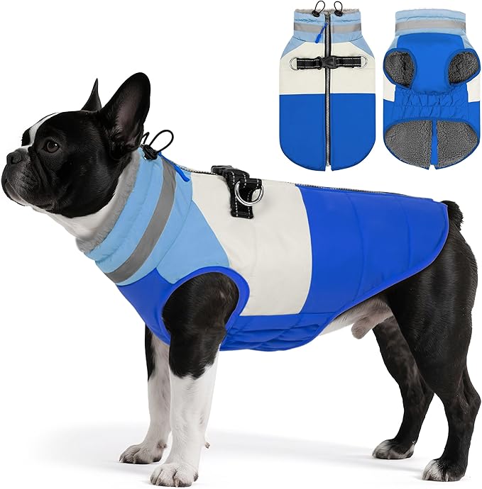 Dog Coats for Small Dogs, Waterproof Warm Dog Winter Jacket with Harness Built in, Reflective Puppy Cold Weather Coats Zip-up Pet Vest with Fleece Lined Dogs Snowsuit, Blue Small