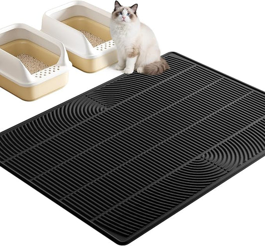 TRZZ XXL Extra Large Cat Litter Mat, Silicone Litter Box Mat for Floor, Waterproof & Non-Slip, Easy to Clean, Cat Litter Trapping Mat & Kitty Litter Catcher for Scatter Control (Black)