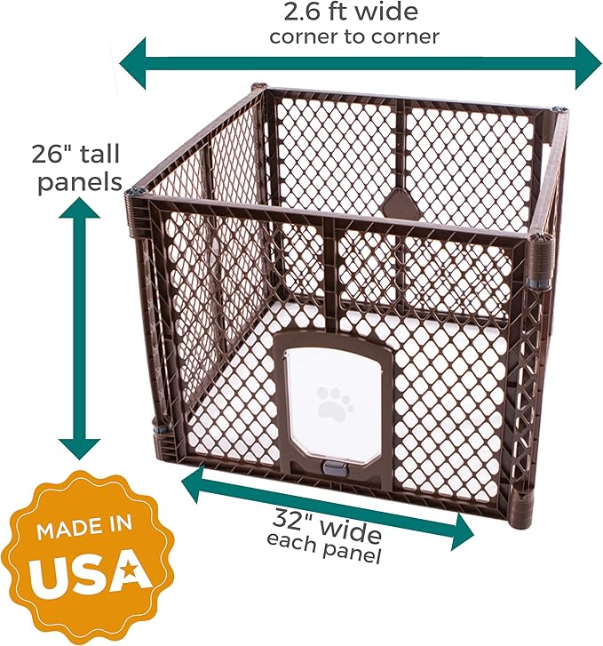 MyPet North States Petyard Passage: 4-Panel Folding Dog Playpen Indoor or Outdoor. 7 sq. ft. Puppy Playpen, Lockable Pet Door. Freestanding Play Pen Dog Gate. Made in USA. 26" Tall, Brown