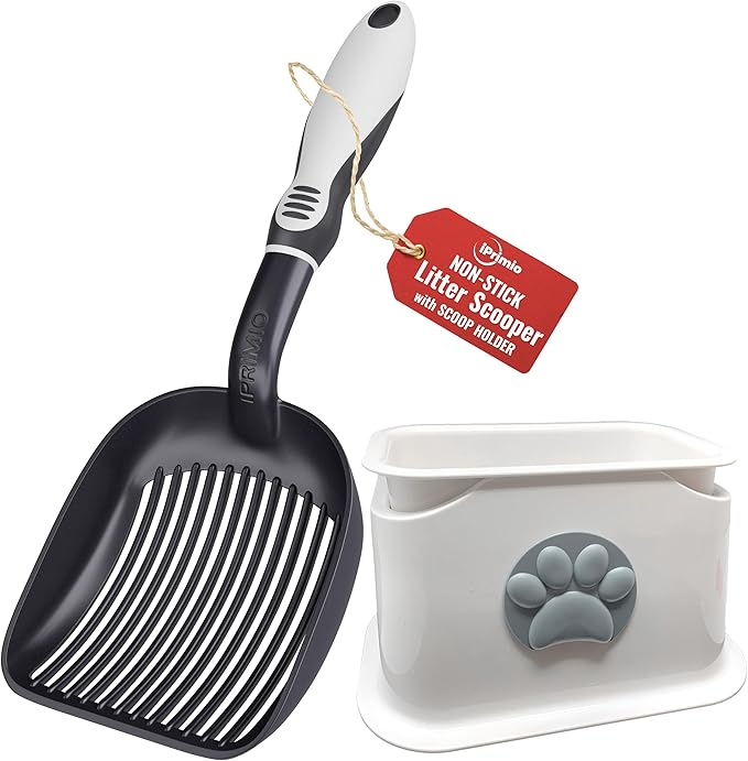 iPrimio Universal Cat Litter Scooper Holder and Black Litter Scooper Bundle - Non Stick Plated Durable Aluminum Cat Litter Scooper - Stable Scooper Holder - Kitty Litter Box Accessories