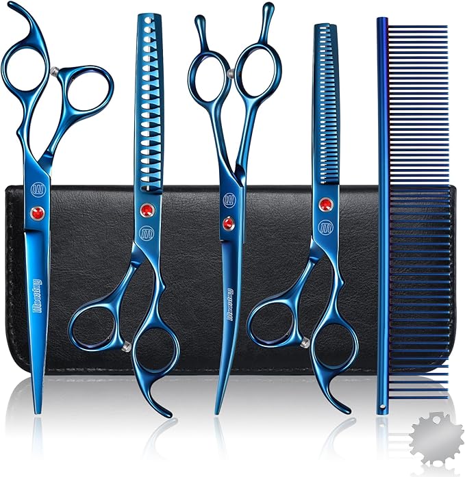 Professional Dog Grooming Scissors Set, 7 Inch/8 Inch Pet Grooming Scissors Chunkers Shears for Dog, Curved Dog Grooming Scissors, Thinning Shears for Dog with Grooming Comb