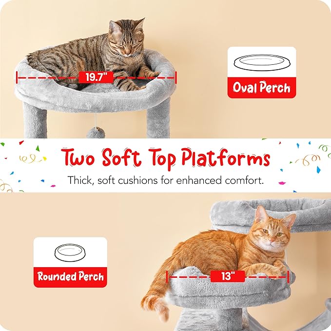 77-Inch Tall Cat Tree for Indoor Cats, Multi-Level Large Cat Tower with 4 Hammocks, 2 Padded Perches, Cat Condo, Sisal Scratching Posts and Hanging Toys for Large Adult Cat, Light Grey