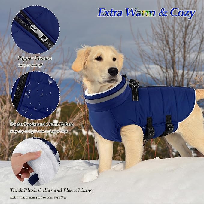 Dogcheer Dog Coat, Waterproof Dog Jacket with Harness, Reflective Adjustable Puppy Winter Coat with Zipper, Christmas Snow Jacket Clothes for Small Medium Large Dogs - Blue XS