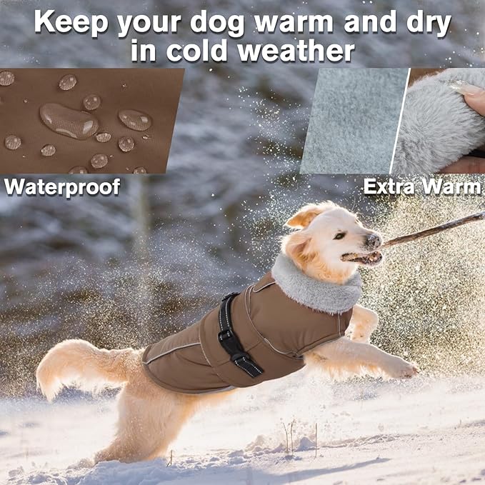 Lelepet Warm Dog Coat Reflective Fleece Vest Waterproof Dog Jacket with Adjustable Buckle Hook & Loop Windproof Cold Weather Coats for Small Medium Large Dogs, Brown, L