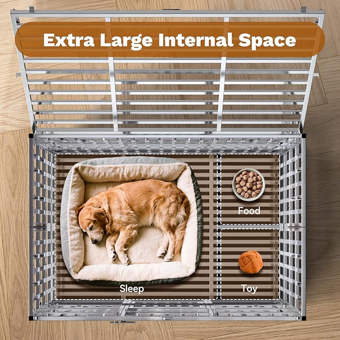 42" Heavy Duty Dog Crates for Large Dogs, Upgraded 4 Lockable Wheels, Stainless Steel Kennel Dog Kennel Indoor, Max Load 300Lbs, Easy to Clean, Escape Proof, XL Dog Cage for High Anxiety Dogs