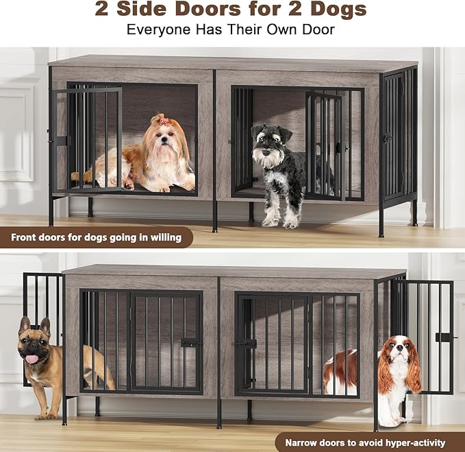 EasyCom Dog Crate Furniture for 1 or 2 Dogs, Heavy Duty Single/Double Dog Crates for Small/Medium/Large Dogs, Dog Kennel Furniture Indoor as TV Stand, Small Size 55.12" L(0-20 Pounds), Oak Grey