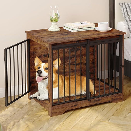 31.9" Dog Crate Furniture with Barn Door, Heavy Duty Dog Kennel Indoor with 2 Doors, Wooden Pet Cage End Table for Small Medium Dogs up to 44 lb, Anti-Chew Anti-Escape, Rustic Brown DFC83601B