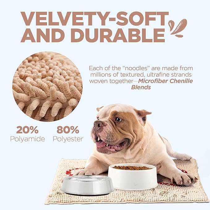 Soggy Doggy Slopmat - Water Absorbing Door Mat for Food and Water - Microfiber Chenille Rug for Muddy Paws and Messy Eaters - Machine Washable (Beige/Red Bone, 18” x 24″)