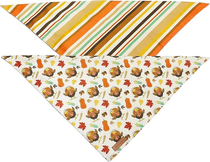 Realeaf Thanksgiving Dog Bandanas 2 Pack,Turkey Pumpkins Fall Stripe Pet Scarf for Boy and Girl, Premium Durable Fabric, Reversible Holiday Bandana for Medium and Large Dogs Pets