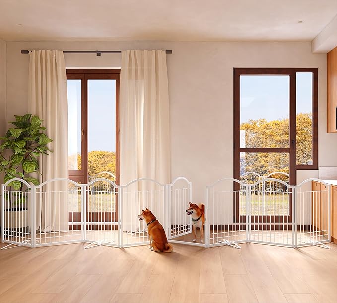 4NM Metal No Drilling Expandable Dog Gate, Extra Wide 192", Extra Tall 32" Free Standing Pet Gate with Door, Gates for Dogs Outdoor or Indoor, with 4PCS Support - White