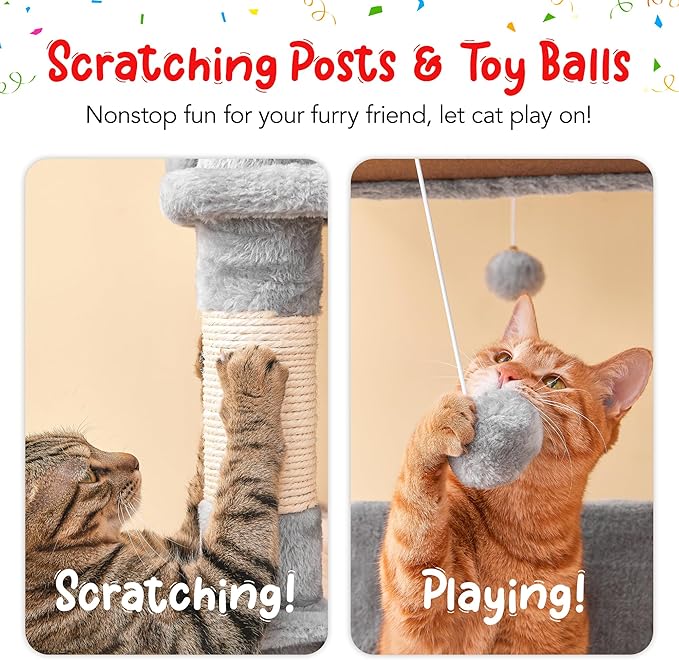 77-Inch Tall Cat Tree for Indoor Cats, Multi-Level Large Cat Tower with 4 Hammocks, 2 Padded Perches, Cat Condo, Sisal Scratching Posts and Hanging Toys for Large Adult Cat, Light Grey