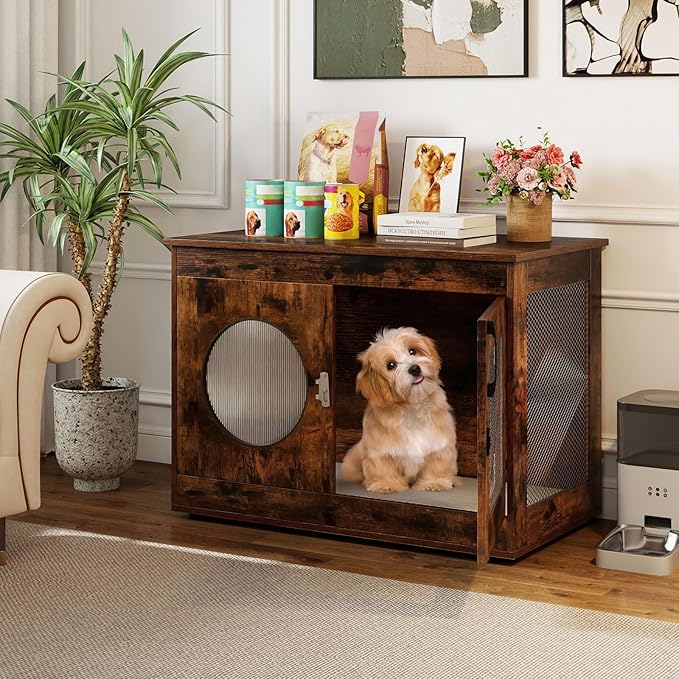 Tangkula Dog Cage Furniture, Chew-Proof Wooden Dog Crate with Metal Mesh Side Wall, Lockable Door, Translucent Window, Industrial Pet Kennel Indoor Furniture for Small & Medium Dogs (Rustic Brown)