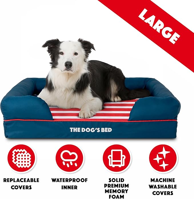 The Dog’s Bed, Large Blue Oxford with Red Trim, USA Flag Dog Bed with Central Flag Memory Foam, Pain Relief: Arthritis, Post Surgery, Waterproof Washable Cover