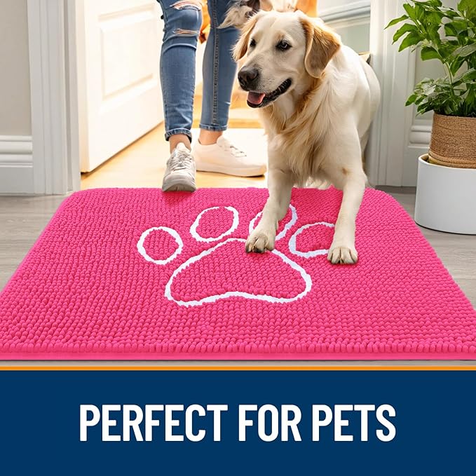 OLANLY Dog Door Mat for Muddy Paws 30x20, Paw Print Design, Absorbs Moisture and Dirt, Absorbent Non-Slip Washable Doormat, Quick Dry Chenille Mud Mat for Dogs, Entry Indoor Entryway Carpet, Hot Pink