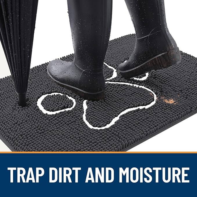 OLANLY Dog Door Mat for Muddy Paws 47x24, Paw Print Design, Absorbs Moisture and Dirt, Absorbent Non-Slip Washable Doormat, Quick Dry Chenille Mud Mat for Dogs, Entry Indoor Entryway Carpet, Dark Grey