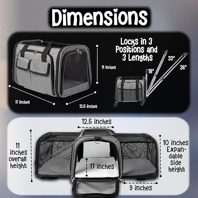Pet Carrier with Wheels | Delta American Frontier Airline Approved | Two Expandable Sides, Storage Pockets Adjustable Leash | Rolling Dog and Cat Carrier TSA Compliant (Light Grey 17x12.5x11)