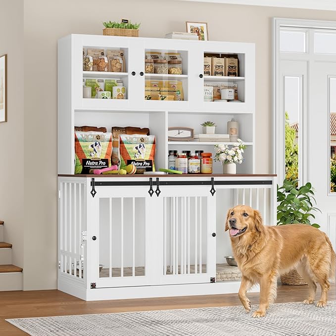 TTVIEW 71"H x 55"L Large Dog Crate Furniture with Hutch Shelf and Glass Door, Indoor Dog Kennel with Divider and Feeding Bowls for Large Dogs 2 Pets, Heavy Duty Dog Cage Pet House with 4 Doors, White