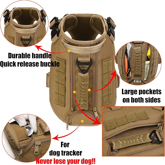 Tactical Dog Backpack Harness for Large Breed Original Design Metal Buckle Vest with Side Bags Pouches for Service Working Training (Khaki (Vest only), XL)