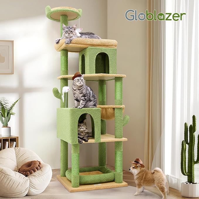 Globlazer S72 Heavy Duty Cactus Cat Tree for Large Cats, Sturdy 72in Maine Coon Cat Tree with 6 Scratching Posts, Hammock