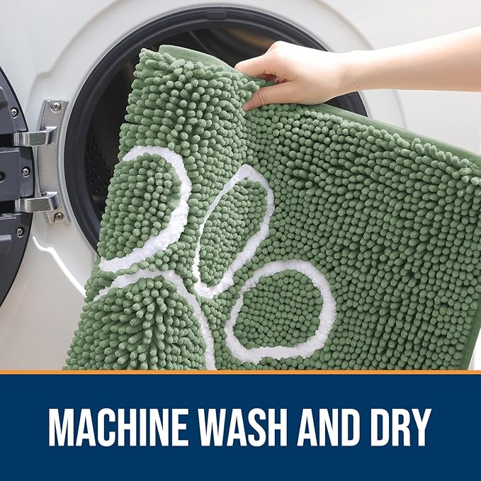 OLANLY Dog Door Mat for Muddy Paws 30x20, Paw Print Design, Absorbs Moisture and Dirt, Non-Slip Washable Doormat, Quick Dry Chenille Mud Mat, Entry Indoor Entryway Carpet, Olive Green and White