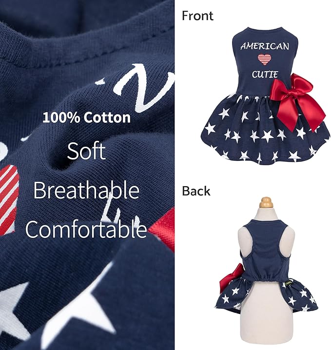 Fitwarm 100% Cotton 4th of July American Cutie Dog Clothes Patriotic Dresses Memorial Day Dog Outfits Doggie Dress Pet Cat Apparel Blue Medium