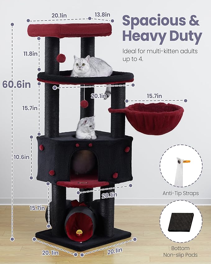 Cat Tree Tower for Indoor Cats Large Adult - Heavy Duty Extra Wide Scratching Post (φ4.4in) Maine Coon Condo House with Hammock Tunnel - 60 Inch XL Feline Bed Trees - Big Multi Level Cat Houses Stand