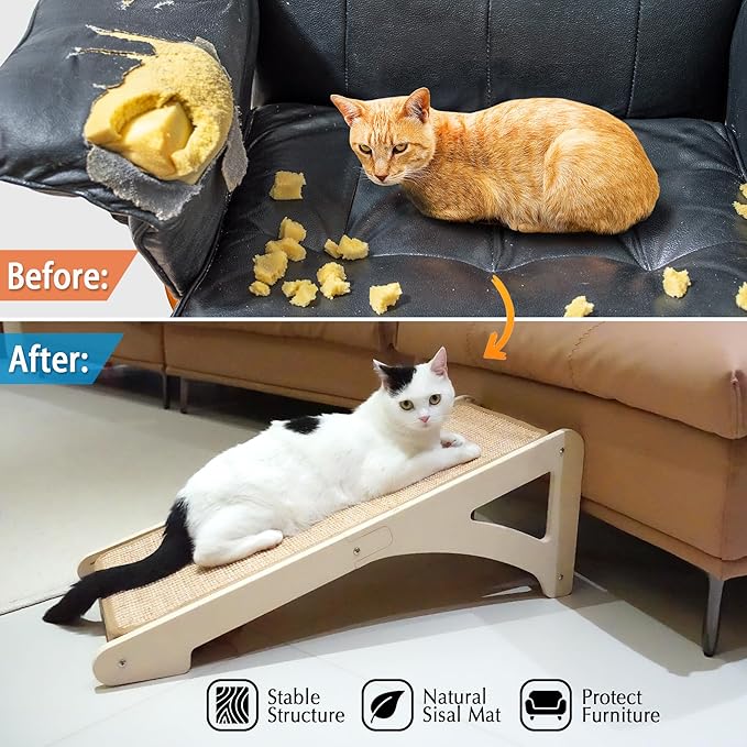 PETKARAY Cat Scratcher, Sisal Cat Scratching Ramp, L Shape Scratch Pad for Indoor Kitty, 27" Wall Furniture Protector with Mouse Toy