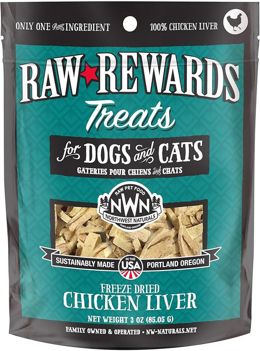 Northwest Naturals Raw Rewards Freeze-Dried Chicken Liver Treats for Dogs and Cats - Bite-Sized Pieces - Healthy, 1 Ingredient, Human Grade Pet Food, All Natural, Proudly Made in USA, 3 Oz (Pack of 1)