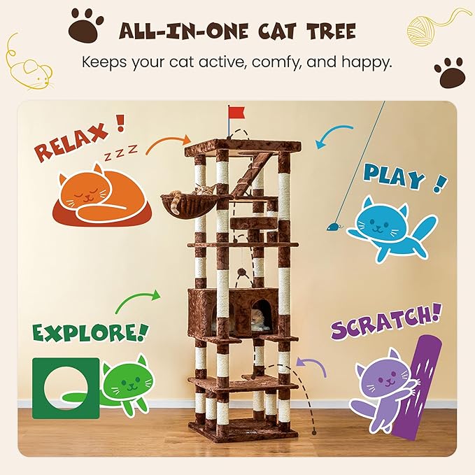 MWPO 74.8 inches Large Cat Tree with Sisal-Covered Scratching Posts & Condo, Tall Cat Tower Entertainment Playground Furniture for Cats & Kittens - Multiple Colors (Brown)